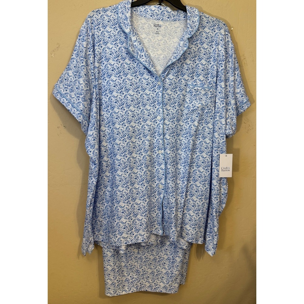Croft & Barrow Pajama Set Women 4X Blue Geometric 2pc Pajamas Button Down NEW